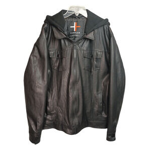 SURPLUS Men's L Black Full Zip Faux Leather Hooded Biker Bomber Jacket Outerwear